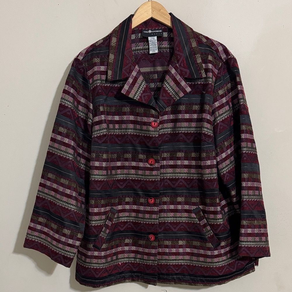 Sag Harbor Vintage Burgundy Striped Tapestry Jacket Size 18w Holiday Cottage